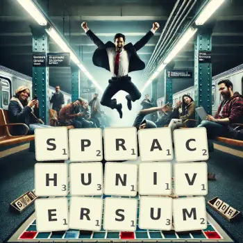 Kreative Illustration für ein Scrabble-Spiel, bei dem das Wort SPRACHUNIVERSUM mit Steinen auf dem Brett gelegt wurde.