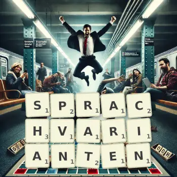 Kreative Illustration für ein Scrabble-Spiel, bei dem das Wort SPRACHVARIANTEN mit Steinen auf dem Brett gelegt wurde.