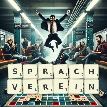 Kreative Illustration für ein Scrabble-Spiel, bei dem das Wort SPRACHVEREIN mit Steinen auf dem Brett gelegt wurde.