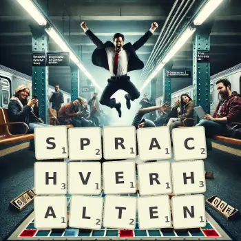 Kreative Illustration für ein Scrabble-Spiel, bei dem das Wort SPRACHVERHALTEN mit Steinen auf dem Brett gelegt wurde.