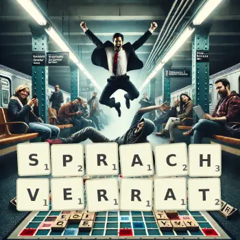 Kreative Illustration für ein Scrabble-Spiel, bei dem das Wort SPRACHVERRAT mit Steinen auf dem Brett gelegt wurde.