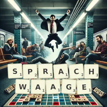 Kreative Illustration für ein Scrabble-Spiel, bei dem das Wort SPRACHWAAGE mit Steinen auf dem Brett gelegt wurde.