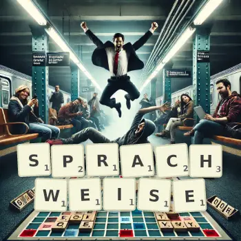 Kreative Illustration für ein Scrabble-Spiel, bei dem das Wort SPRACHWEISE mit Steinen auf dem Brett gelegt wurde.