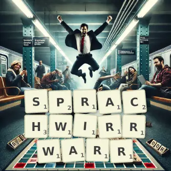 Kreative Illustration für ein Scrabble-Spiel, bei dem das Wort SPRACHWIRRWARR mit Steinen auf dem Brett gelegt wurde.