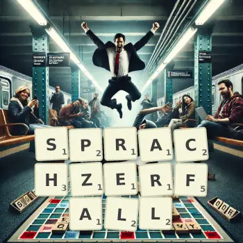Kreative Illustration für ein Scrabble-Spiel, bei dem das Wort SPRACHZERFALL mit Steinen auf dem Brett gelegt wurde.