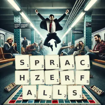 Kreative Illustration für ein Scrabble-Spiel, bei dem das Wort SPRACHZERFALLS mit Steinen auf dem Brett gelegt wurde.