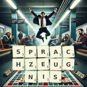 Kreative Illustration für ein Scrabble-Spiel, bei dem das Wort SPRACHZEUGNIS mit Steinen auf dem Brett gelegt wurde.