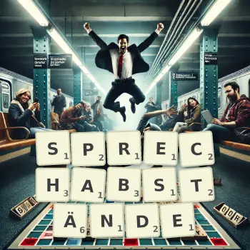 Kreative Illustration für ein Scrabble-Spiel, bei dem das Wort SPRECHABSTÄNDE mit Steinen auf dem Brett gelegt wurde.