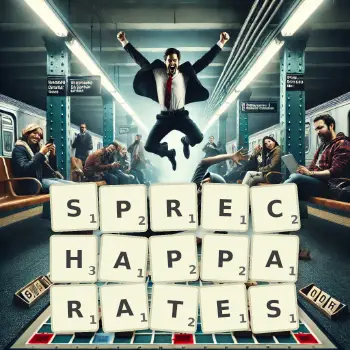 Kreative Illustration für ein Scrabble-Spiel, bei dem das Wort SPRECHAPPARATES mit Steinen auf dem Brett gelegt wurde.