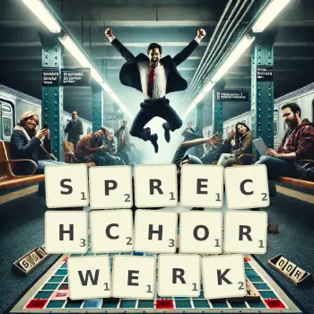 Kreative Illustration für ein Scrabble-Spiel, bei dem das Wort SPRECHCHORWERK mit Steinen auf dem Brett gelegt wurde.