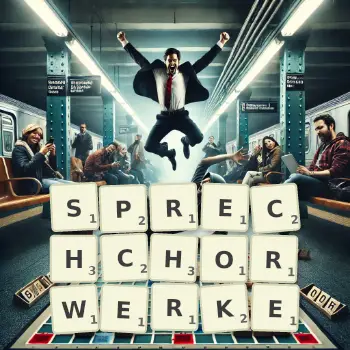 Kreative Illustration für ein Scrabble-Spiel, bei dem das Wort SPRECHCHORWERKE mit Steinen auf dem Brett gelegt wurde.