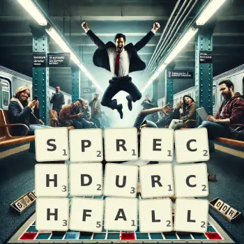 Kreative Illustration für ein Scrabble-Spiel, bei dem das Wort SPRECHDURCHFALL mit Steinen auf dem Brett gelegt wurde.