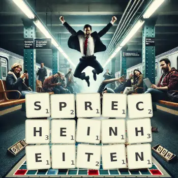 Kreative Illustration für ein Scrabble-Spiel, bei dem das Wort SPRECHEINHEITEN mit Steinen auf dem Brett gelegt wurde.