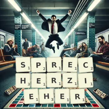 Kreative Illustration für ein Scrabble-Spiel, bei dem das Wort SPRECHERZIEHER mit Steinen auf dem Brett gelegt wurde.