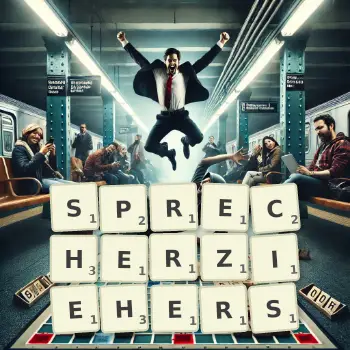 Kreative Illustration für ein Scrabble-Spiel, bei dem das Wort SPRECHERZIEHERS mit Steinen auf dem Brett gelegt wurde.