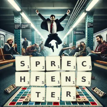 Kreative Illustration für ein Scrabble-Spiel, bei dem das Wort SPRECHFENSTER mit Steinen auf dem Brett gelegt wurde.