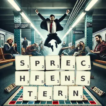 Kreative Illustration für ein Scrabble-Spiel, bei dem das Wort SPRECHFENSTERN mit Steinen auf dem Brett gelegt wurde.