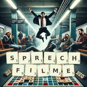 Kreative Illustration für ein Scrabble-Spiel, bei dem das Wort SPRECHFILME mit Steinen auf dem Brett gelegt wurde.