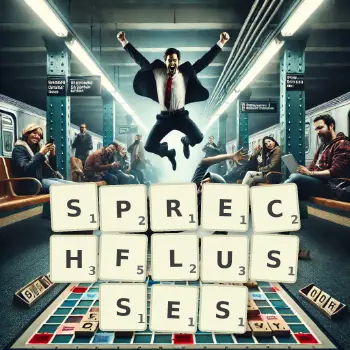 Kreative Illustration für ein Scrabble-Spiel, bei dem das Wort SPRECHFLUSSES mit Steinen auf dem Brett gelegt wurde.