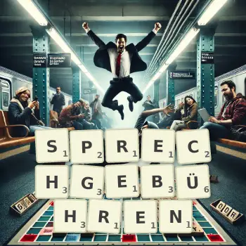 Kreative Illustration für ein Scrabble-Spiel, bei dem das Wort SPRECHGEBÜHREN mit Steinen auf dem Brett gelegt wurde.