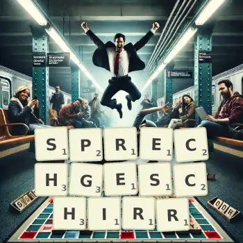 Kreative Illustration für ein Scrabble-Spiel, bei dem das Wort SPRECHGESCHIRR mit Steinen auf dem Brett gelegt wurde.