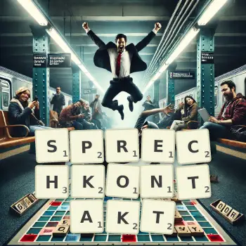 Kreative Illustration für ein Scrabble-Spiel, bei dem das Wort SPRECHKONTAKT mit Steinen auf dem Brett gelegt wurde.