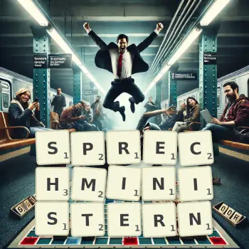 Kreative Illustration für ein Scrabble-Spiel, bei dem das Wort SPRECHMINISTERN mit Steinen auf dem Brett gelegt wurde.
