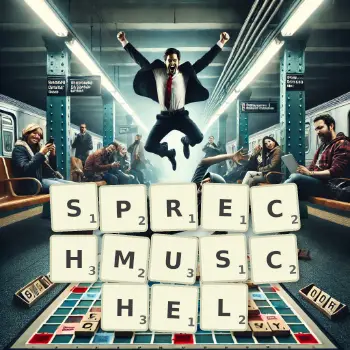 Kreative Illustration für ein Scrabble-Spiel, bei dem das Wort SPRECHMUSCHEL mit Steinen auf dem Brett gelegt wurde.