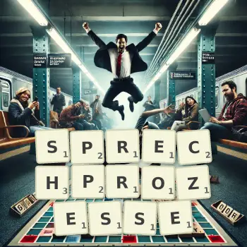 Kreative Illustration für ein Scrabble-Spiel, bei dem das Wort SPRECHPROZESSE mit Steinen auf dem Brett gelegt wurde.