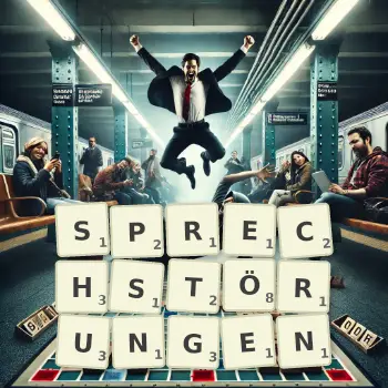Kreative Illustration für ein Scrabble-Spiel, bei dem das Wort SPRECHSTÖRUNGEN mit Steinen auf dem Brett gelegt wurde.