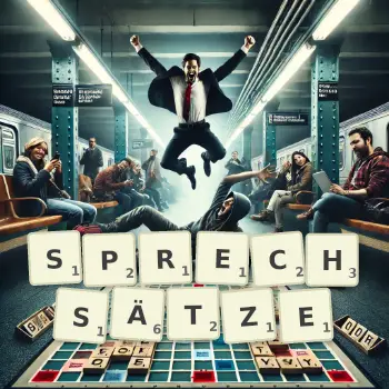 Kreative Illustration für ein Scrabble-Spiel, bei dem das Wort SPRECHSÄTZE mit Steinen auf dem Brett gelegt wurde.