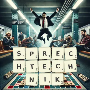 Kreative Illustration für ein Scrabble-Spiel, bei dem das Wort SPRECHTECHNIK mit Steinen auf dem Brett gelegt wurde.