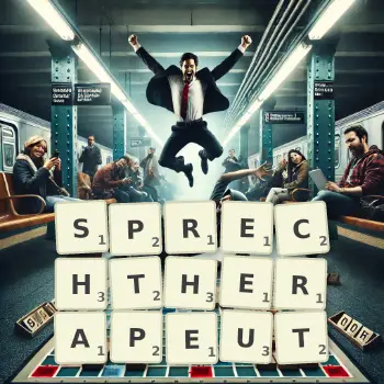 Kreative Illustration für ein Scrabble-Spiel, bei dem das Wort SPRECHTHERAPEUT mit Steinen auf dem Brett gelegt wurde.