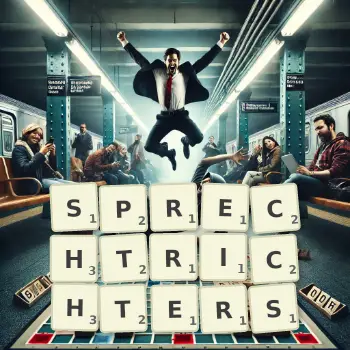 Kreative Illustration für ein Scrabble-Spiel, bei dem das Wort SPRECHTRICHTERS mit Steinen auf dem Brett gelegt wurde.