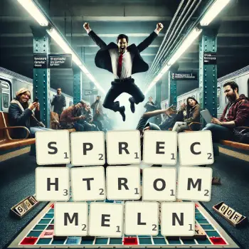 Kreative Illustration für ein Scrabble-Spiel, bei dem das Wort SPRECHTROMMELN mit Steinen auf dem Brett gelegt wurde.