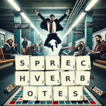 Kreative Illustration für ein Scrabble-Spiel, bei dem das Wort SPRECHVERBOTES mit Steinen auf dem Brett gelegt wurde.