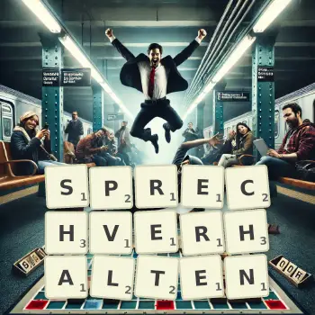 Kreative Illustration für ein Scrabble-Spiel, bei dem das Wort SPRECHVERHALTEN mit Steinen auf dem Brett gelegt wurde.