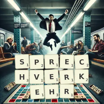 Kreative Illustration für ein Scrabble-Spiel, bei dem das Wort SPRECHVERKEHR mit Steinen auf dem Brett gelegt wurde.