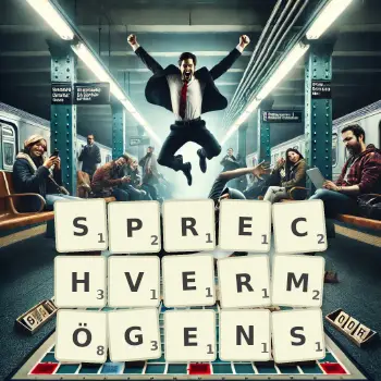 Kreative Illustration für ein Scrabble-Spiel, bei dem das Wort SPRECHVERMÖGENS mit Steinen auf dem Brett gelegt wurde.