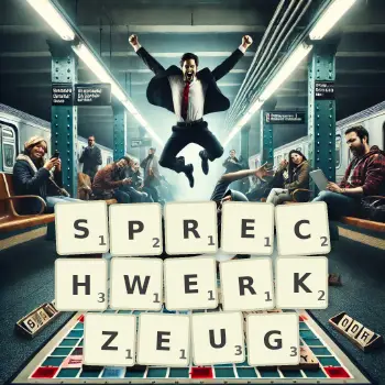 Kreative Illustration für ein Scrabble-Spiel, bei dem das Wort SPRECHWERKZEUG mit Steinen auf dem Brett gelegt wurde.
