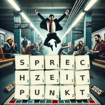 Kreative Illustration für ein Scrabble-Spiel, bei dem das Wort SPRECHZEITPUNKT mit Steinen auf dem Brett gelegt wurde.