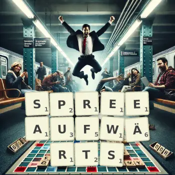 Kreative Illustration für ein Scrabble-Spiel, bei dem das Wort SPREEAUFWÄRTS mit Steinen auf dem Brett gelegt wurde.