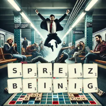 Kreative Illustration für ein Scrabble-Spiel, bei dem das Wort SPREIZBEINIG mit Steinen auf dem Brett gelegt wurde.