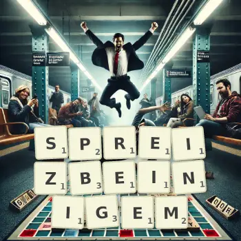 Kreative Illustration für ein Scrabble-Spiel, bei dem das Wort SPREIZBEINIGEM mit Steinen auf dem Brett gelegt wurde.