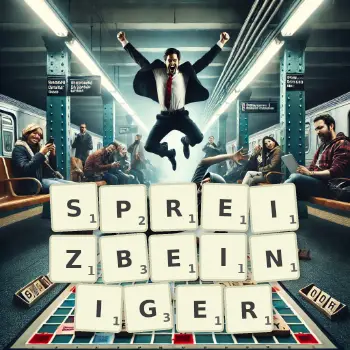 Kreative Illustration für ein Scrabble-Spiel, bei dem das Wort SPREIZBEINIGER mit Steinen auf dem Brett gelegt wurde.