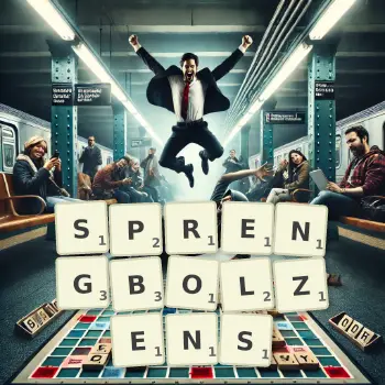 Kreative Illustration für ein Scrabble-Spiel, bei dem das Wort SPRENGBOLZENS mit Steinen auf dem Brett gelegt wurde.