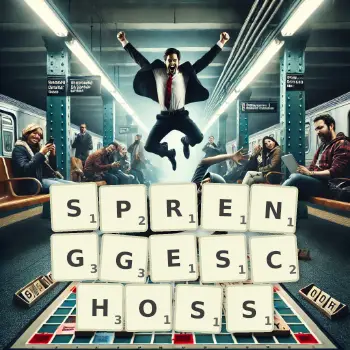 Kreative Illustration für ein Scrabble-Spiel, bei dem das Wort SPRENGGESCHOSS mit Steinen auf dem Brett gelegt wurde.