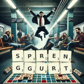 Kreative Illustration für ein Scrabble-Spiel, bei dem das Wort SPRENGGURT mit Steinen auf dem Brett gelegt wurde.