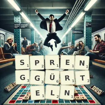 Kreative Illustration für ein Scrabble-Spiel, bei dem das Wort SPRENGGÜRTELN mit Steinen auf dem Brett gelegt wurde.