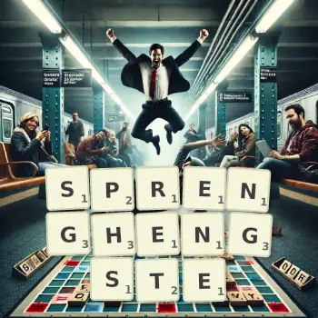 Kreative Illustration für ein Scrabble-Spiel, bei dem das Wort SPRENGHENGSTE mit Steinen auf dem Brett gelegt wurde.